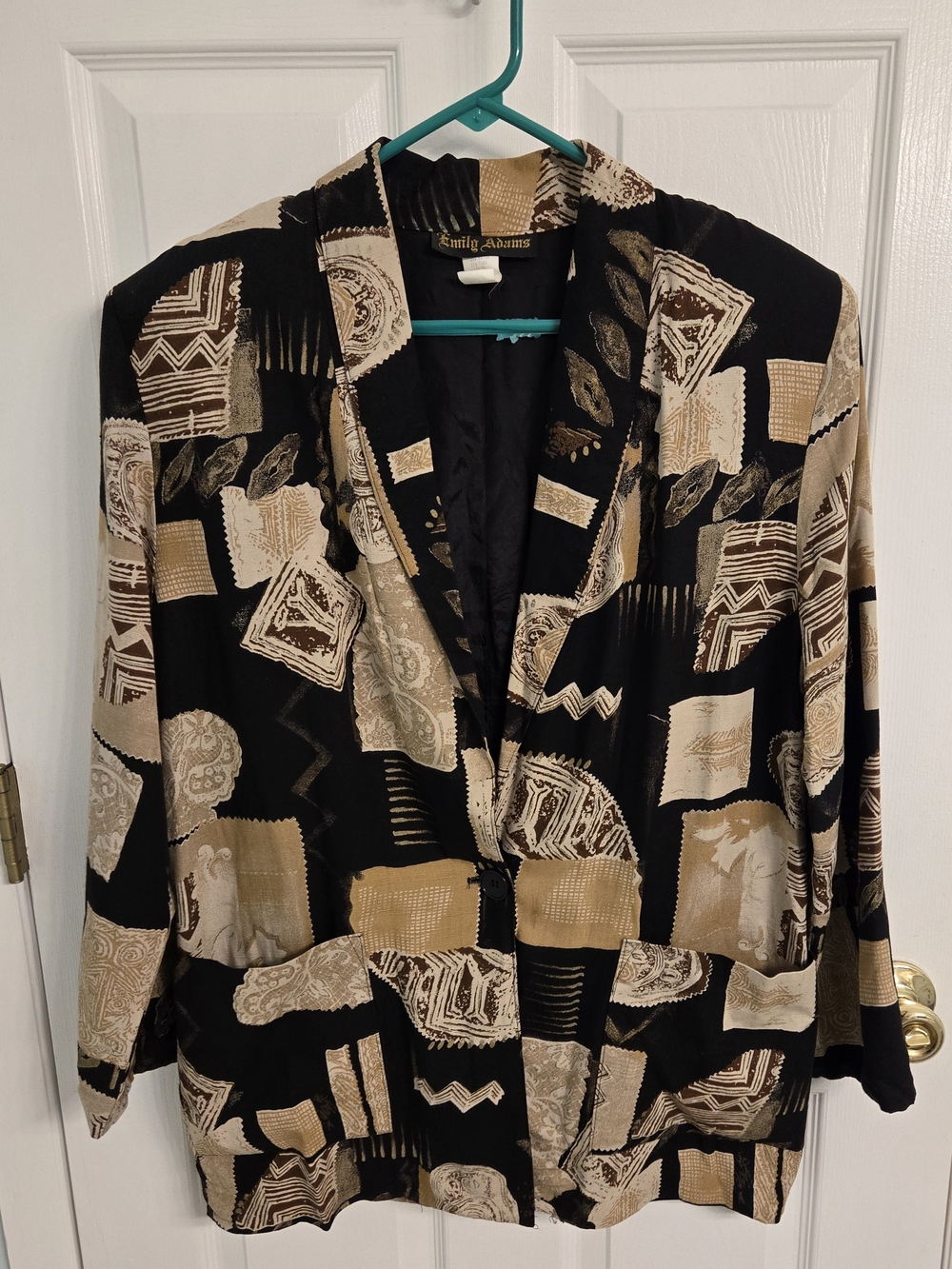 80s Emily Adams Abstract Tile Print Blazer M Rayon Flax Art To Wear USA